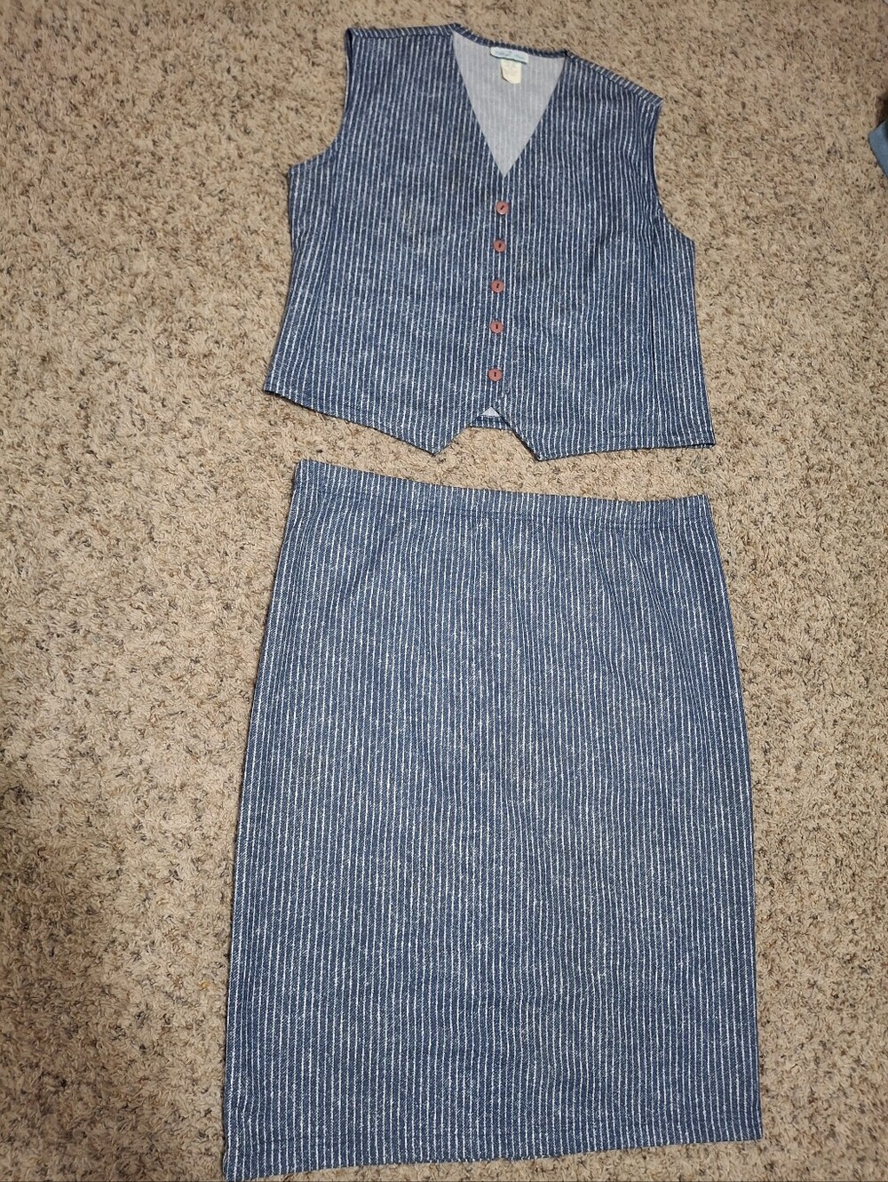 Vintage VILLAGE FAIR Blue Pinstripe Two-Piece Skirt Set